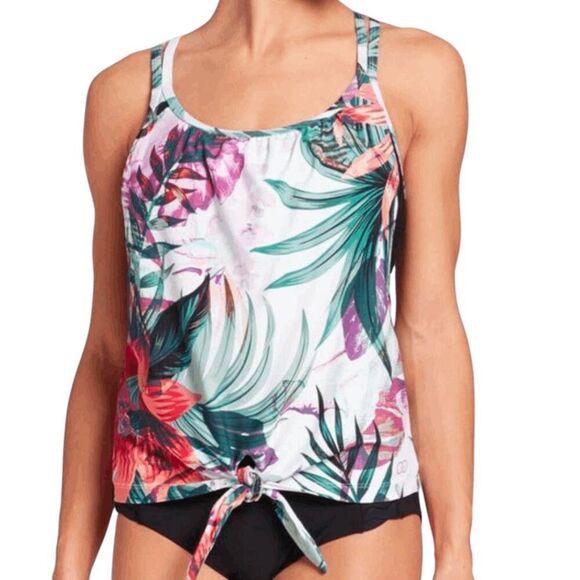 CALIA BY CARRIE UNDERWOOD Printed Tie Front Tankini Top In Botanical Island Size - Picture 1 of 3